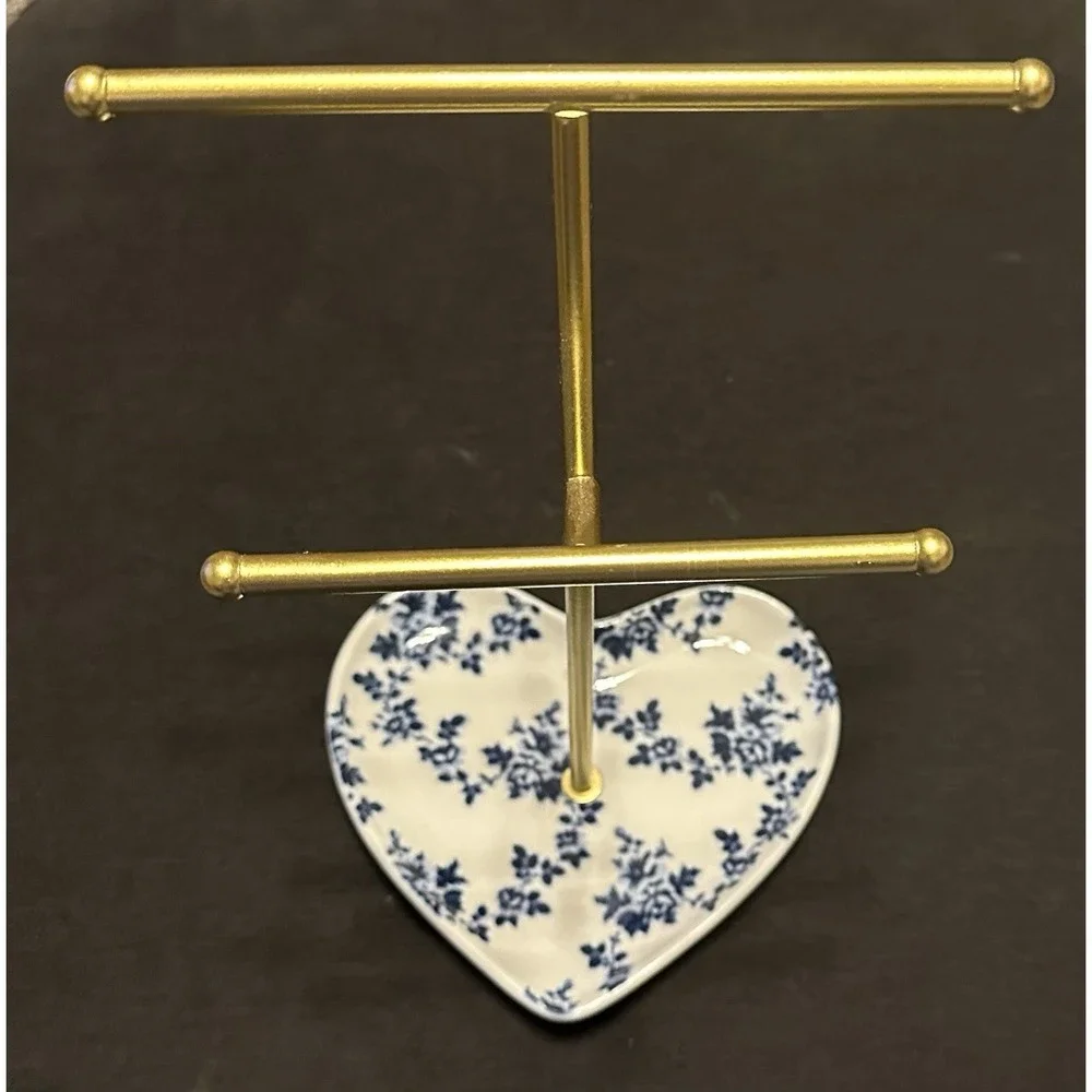 Blue & White Floral Heart Jewelry stand Trinket Dish display